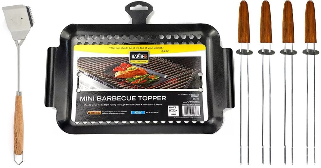 BBQ grill topper, spatula and skewers