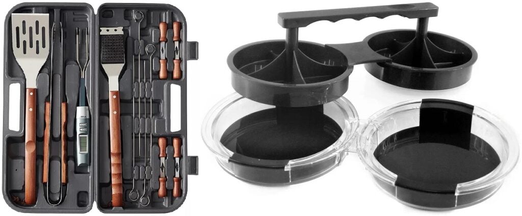 Food Network BBQ tool set and Mr. BBQ double hamburger press