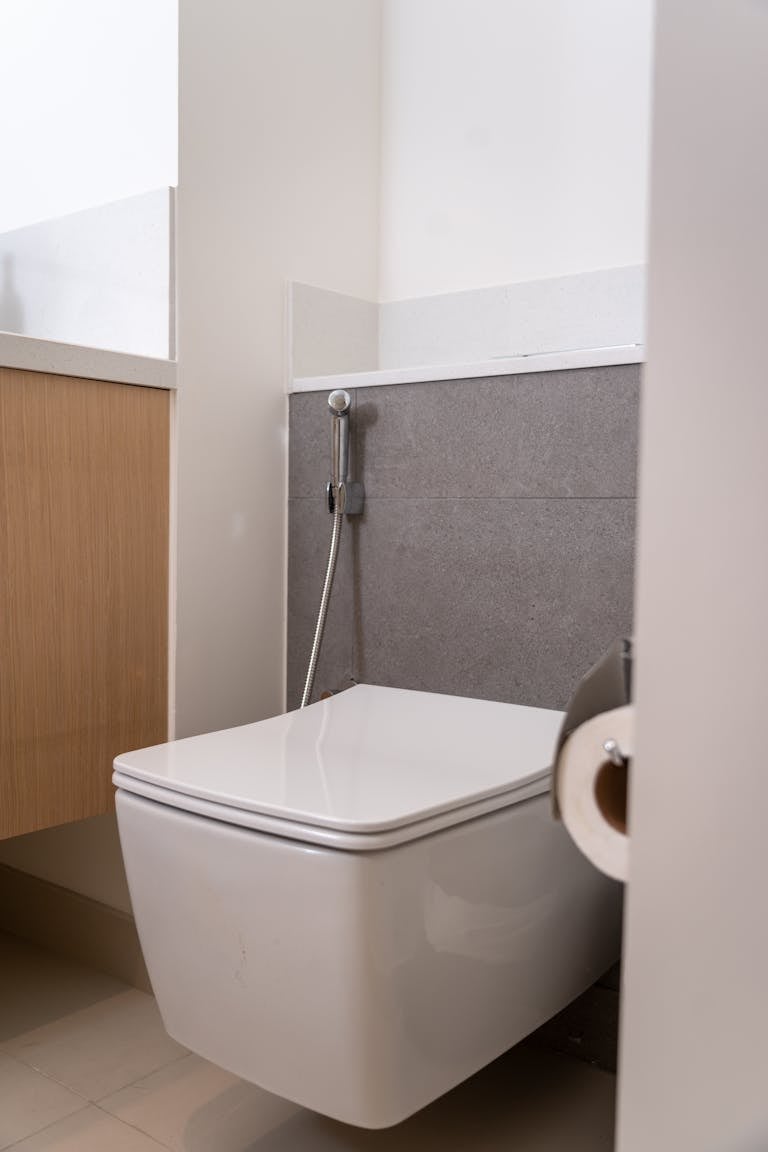 Modern bathroom featuring a wall-mounted toilet, bidet spray, and toilet paper holder in a minimalist design.