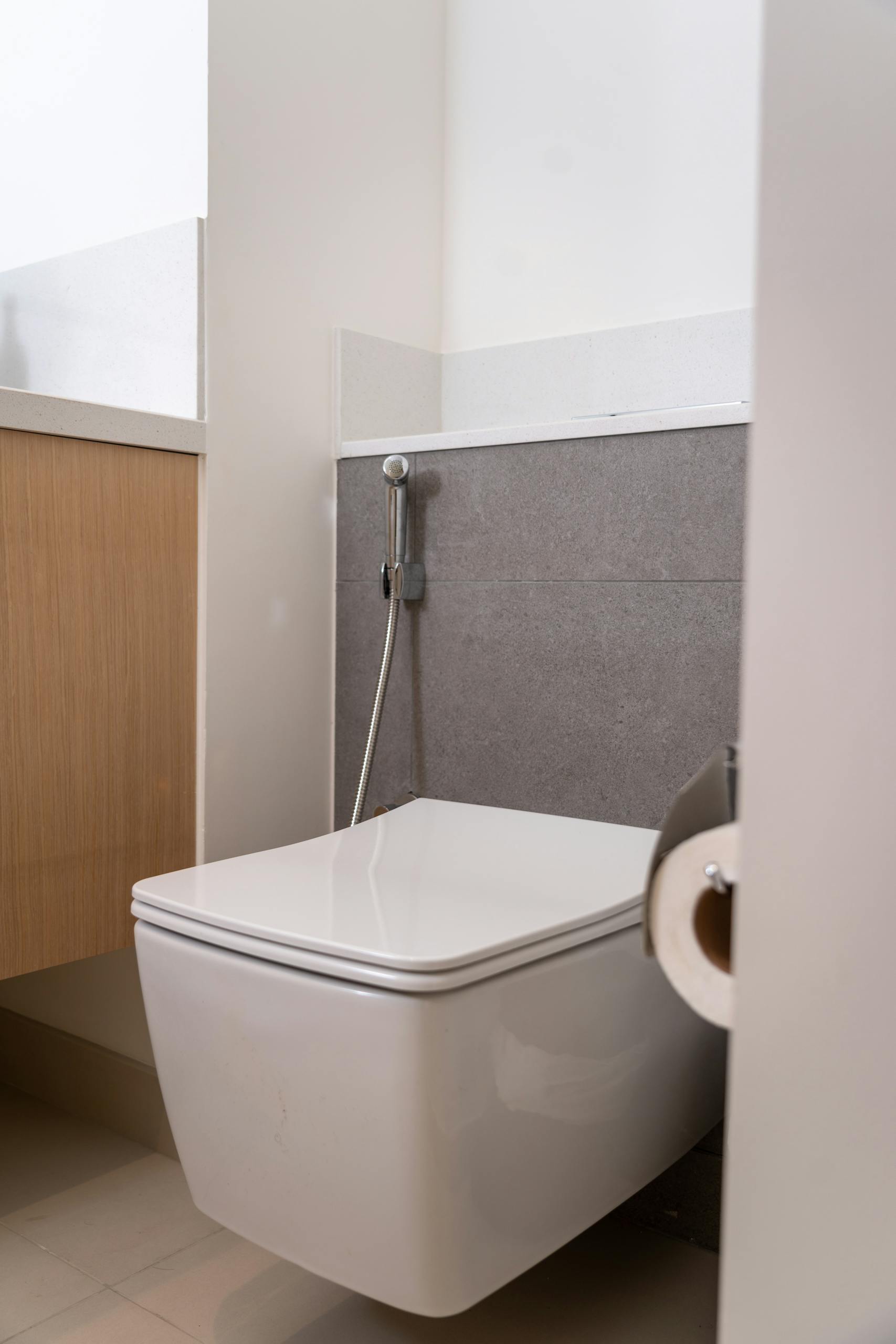 Modern bathroom featuring a wall-mounted toilet, bidet spray, and toilet paper holder in a minimalist design.