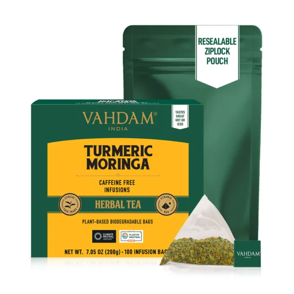 Vahdam Turmeric Moringa Herbal Tea Tisane, 100 Count