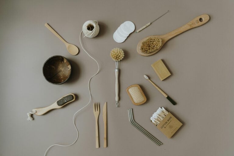 Flat lay of assorted eco-friendly kitchen and bath items promoting zero waste lifestyle.