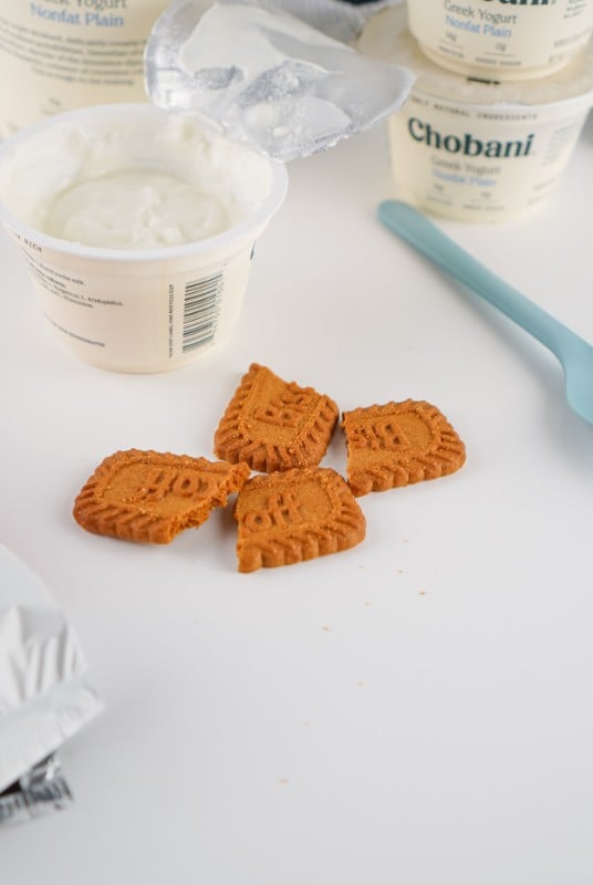 Single Chobani Yogurt and halved Biscoff Cookies