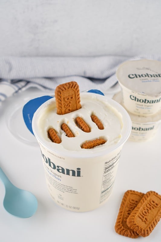 Chobani Yogurt with a Biscoff cookie for Viral Japanese Cheesecake