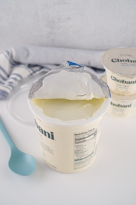 Chobani with foil pulled back for Viral Japanese Cheesecake