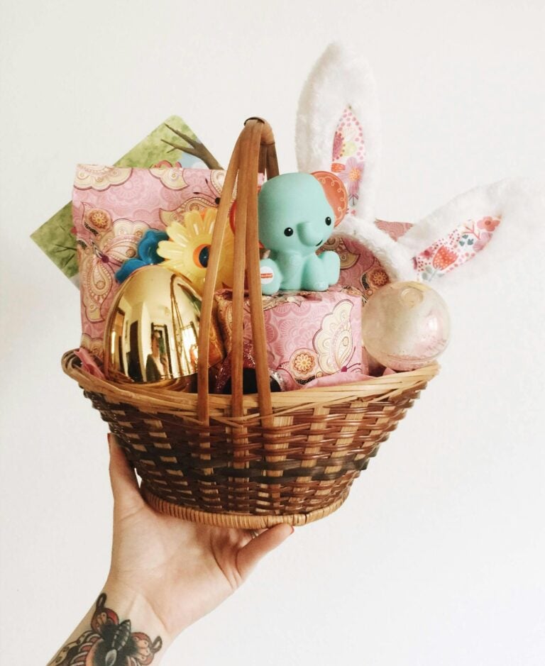A beautifully decorated Easter basket featuring colorful eggs and festive gifts, capturing the spirit of Easter.