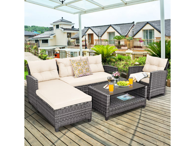 Target Patio Costway 4PCS Patio Rattan Furniture Set Sofa Ottoman Cushion Garden Deck White