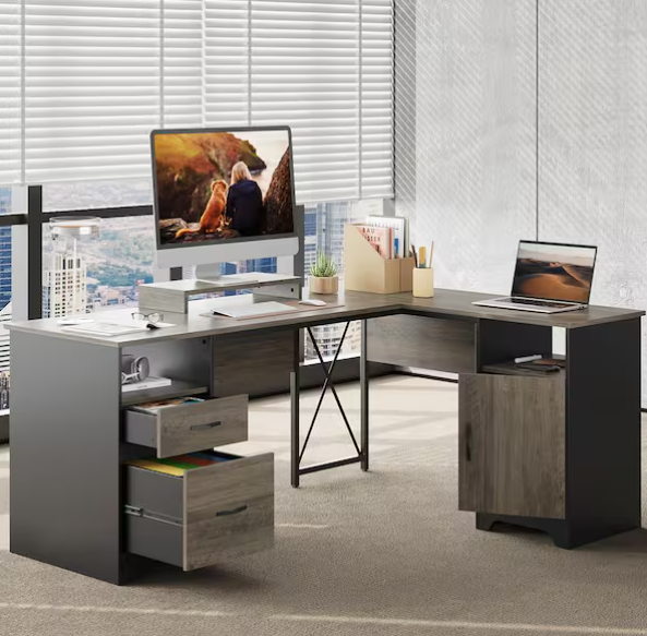 Home Depot Furniture Deals You Don’t Want to Miss Bestier 63 in. Rectangular Grey 2-Drawers L Shaped Computer Desk Storage Cabinet and 2-Open Storage