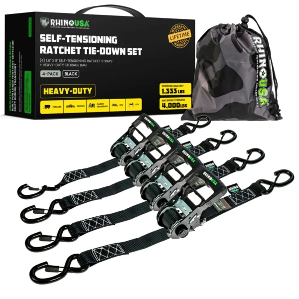 RhinoUSA 1.6" Self-Tensioning Ratchet Straps