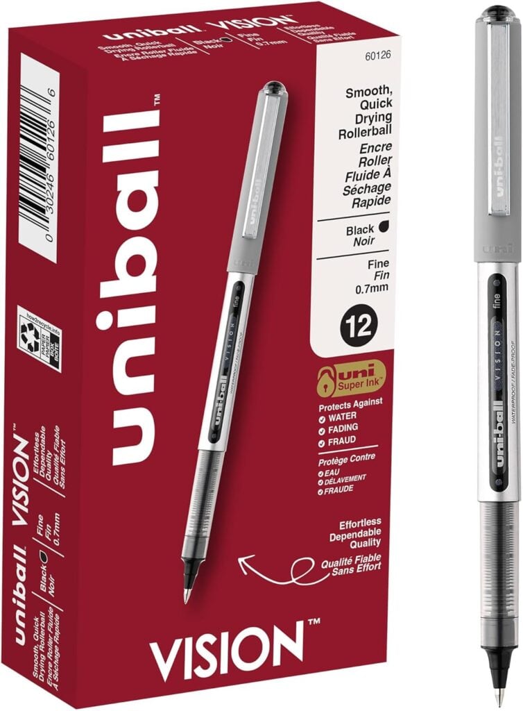 uni-ball(R) Vision(TM) Rollerball Pens, 0.7 mm, Fine Point, Gray Barrel, Black Ink,