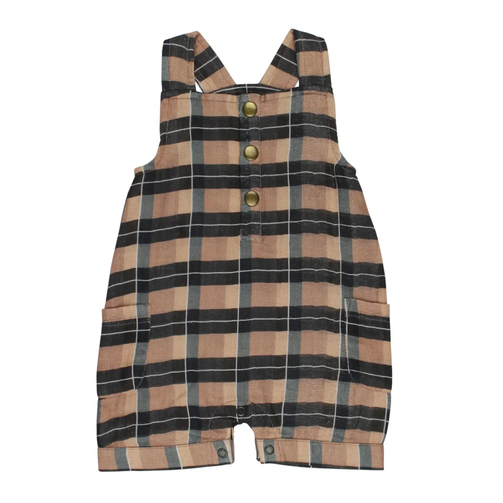 Adobe Chia Plaid Organic Cuffed Muslin Overall back-to-school style guide