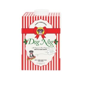 Red-and-white striped carton of Brutus Broth Dog Nog goat milk for dogs