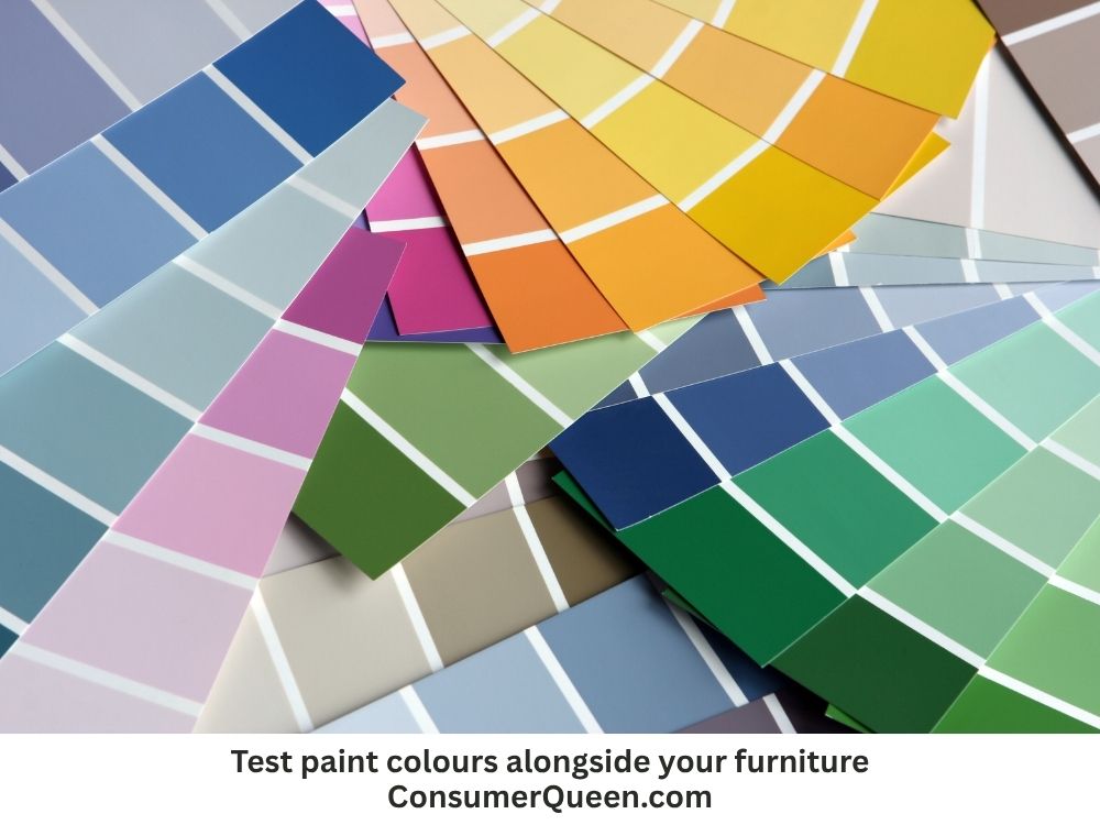 Paint sample cards in blue, green, yellow and pink for choosing a feature wall colour