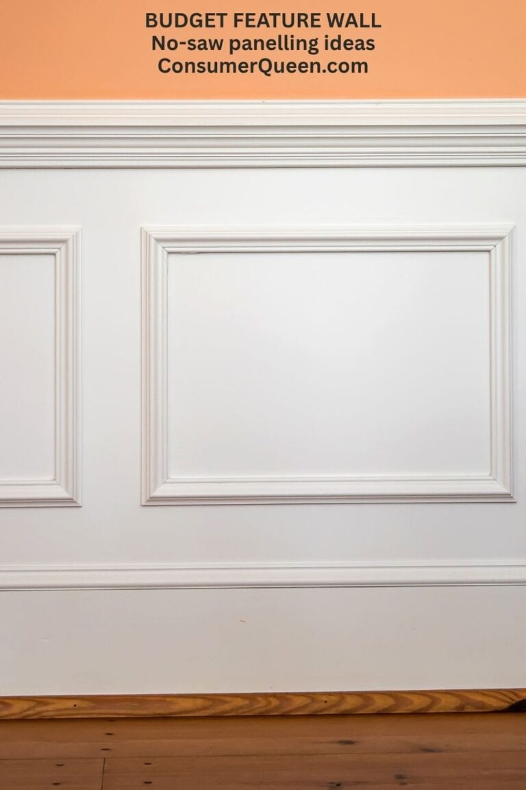 White decorative interior wall panelling beneath a peach wall with Budget Feature Wall heading