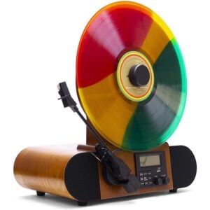 Fuse Audio VERT upright wooden turntable displaying a multicolored record