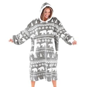 Woman wearing a gray LazyOne blanket hoodie with an animal print