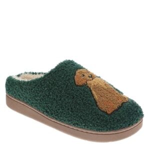 Green Masseys Cocoa slipper embroidered with a Golden Retriever