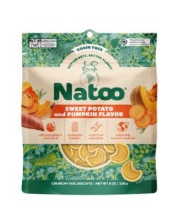 Bag of Natoo sweet potato and pumpkin flavor crunchy dog biscuits