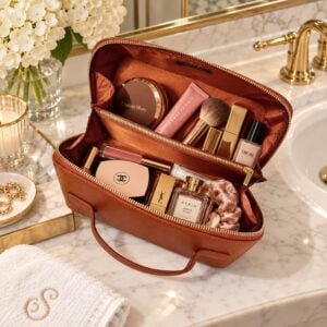 Open chocolate-brown YOUZEY cosmetic case holding makeup and brushes